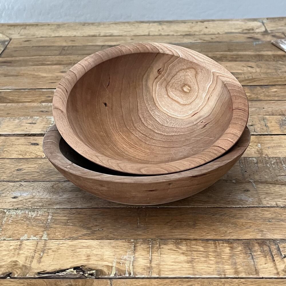 2 Handmade Wooden Bowls 7.5" Light-Toned Wood Grain Flared Rim